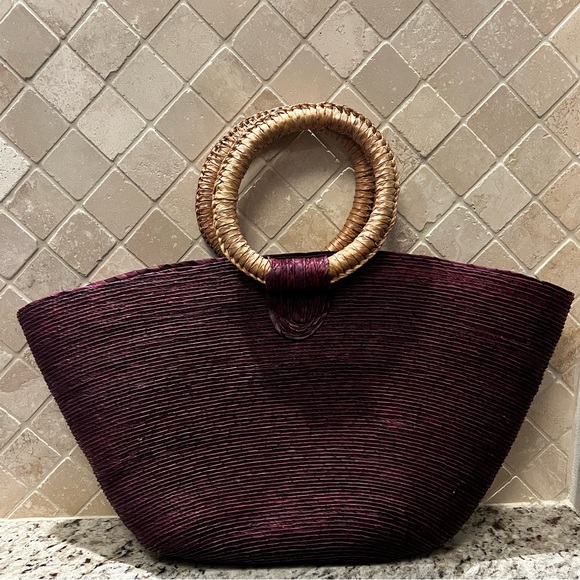 Handbags - Elegant Burgundy Woven Straw Beach Handbag with Circular Handles
